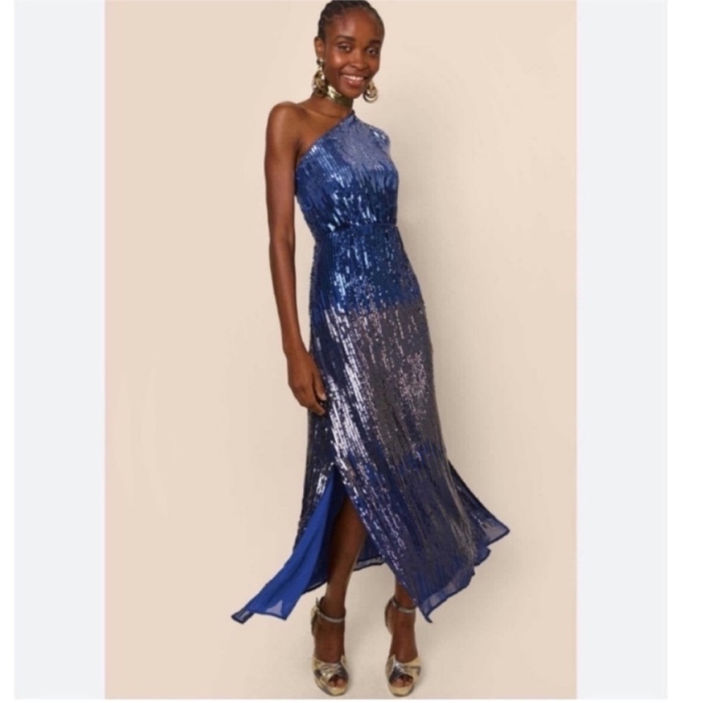 RIXO London Bradshaw Sequin beaded Dress One Sleeve Ombre Blue Metallic 8 NWT - Picture 1 of 11